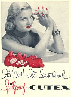 an advertisement for cultex cosmetics featuring a woman with red lipstick holding up her nails