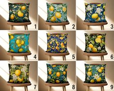 six different pillows with lemons and flowers on them, all in various stages of being painted