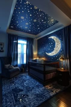 a baby's room decorated in blue and white with stars on the sky above