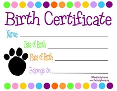 a birth certificate with an image of a dog's paw