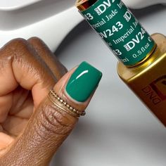 A deep gemstone green. The duo includes: 1 Soak-Off Gel Size: 0.5 fl oz 1 Nail Lacquer Size: 0.5 fl oz Color Accuracy: The duo comes with 1 lacquer and 1 gel in matching colors. We do not guarantee matching exact colors due to differences in formulation, ingredients, and batch. Benefits: Lasts up to 21 days LED and UV cured Made in USA Wide range of colors Fused with vitamins that make nails stronger, healthier and stunning for weeks HOW TO: Gel Polish Application - Prep your nails - Remove old Dnd Gel Nail Polish, Dnd Nail Polish, Jade Nails, Imperial Jade, Dnd Gel Polish, Gel Nail Colors, Gel Lacquer, Gel Polish Colors, Hair Skin Nails