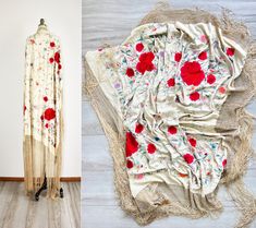 "Vintage 1920s cream silk piano shawl. Embroidered with roses and vine flowers. Heavy macramé fringe around all four sides of the shawl.  ❉ Era: 1920s ❉ Fits Like: one size ❉ Tag size: -- ❉ Fabric: silk ❉ 50\" x 50\" (does not include macramé and fringe) ❉ Condition: There are some spots and staining on the silk; due to age and condition, sold as is. ❉ Smells/Odors: -- ------------ ❉ Sizing & Fit - All measurements are taken while the garment is lying flat, and the measurements are then doubled. 1920s Dresser Scarf, Piano Shawl, Bohemian Embroidered Shawl Fabric, Luxury Bohemian Embroidered Shawl, Luxury Vintage Silk Shawl, 1920’s Shawl, Bohemian Semi-stitched Silk Shawl, Cream Silk, Silk Wrap