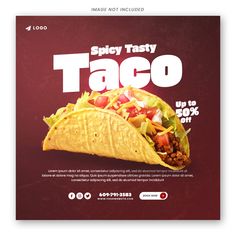 a taco advertisement is shown on the side of a red and purple background with text that reads spicy tasty taco up to 50 % off