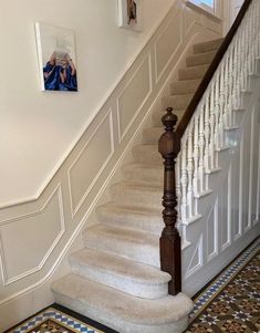 there is a white stair case on the wall next to the carpeted stairs in this house