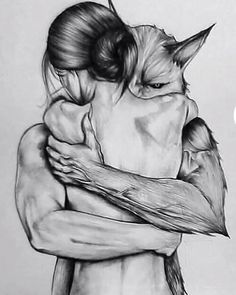 a drawing of a woman hugging a cat with her arm wrapped around her chest and eyes closed