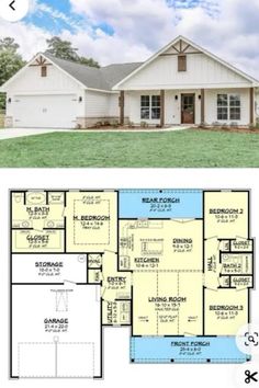 the floor plan for this ranch style home is shown in two different colors and sizes