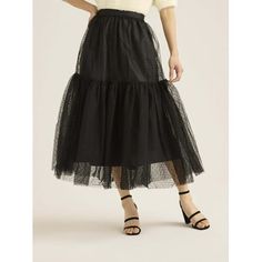 The fine, mesh texture of the Tulle Dot Midi Skirt by Scoop is instantly on-trend, but youll love it for many more reasons. Designed in a flattering mid-calf length, its demure enough for workjust add classy contrast with our Double Breasted Blazer (sold separately). On weekends, its a gauzy dream worn with a tank top or tee for an edgy vibe or top with a silky blouse for date night. Only at Walmart. Size: 1X.  Color: Black.  Gender: female.  Age Group: adult. Plus Size Pencil Skirt, Mesh Texture, Tiered Skirts, Skirts Midi High Waisted, Suspender Skirt, Silky Blouse, Chiffon Skirt, Breasted Blazer, Double Breasted Blazer