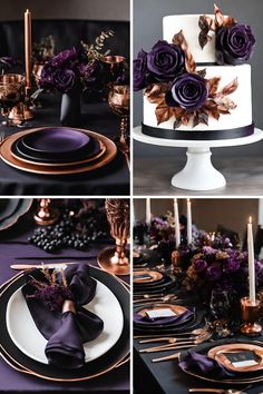 the table is set with purple flowers and black plates, gold rimmed candles, and two tiered cake