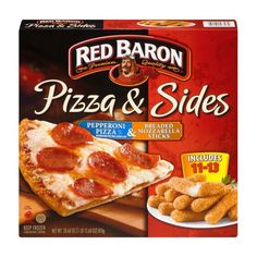 a box of red baron pizza and sides next to some chicken nuggies on a plate