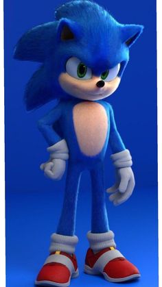 sonic the hedgehog is standing in front of a blue background