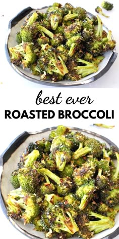 two plates filled with cooked broccoli on top of a white tablecloth and text overlay that reads best ever roasted broccoli