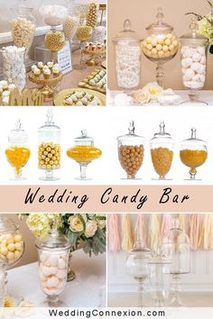 wedding candy bar with lots of different types of candies and desserts in glass containers