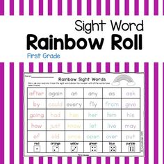 the sight word rainbow roll game is shown in pink and white striped paper with words on it