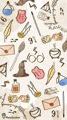 an image of harry potter doodles on the phone screen, with other symbols in the background