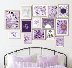 a white bed topped with purple pillows and pictures on the wall