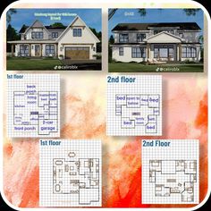 the floor plan for this two story house is shown in three different colors and sizes