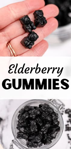 elderberry gummies in a jar with text overlay