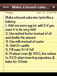 a notepad with instructions on how to make a boxed cake