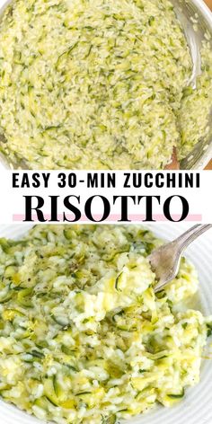 an image of risotto with broccoli in it and the words easy 30 - min zucchini risotto