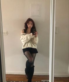 Big Sweater And Tights, Cute Outfits With Long Boots, Wintry Outfits Aesthetic, Distressed Stockings Outfit, How To Style Skirts Casual, Winter Astetic Outfit, How To Style White Tights, Light Emo Outfits, Jacket Over Dress Outfit