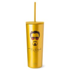 a gold tumbler cup with a straw in the shape of a man's face