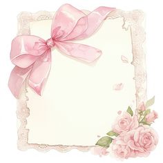 a pink ribbon and bow on top of a white paper with roses around the edges