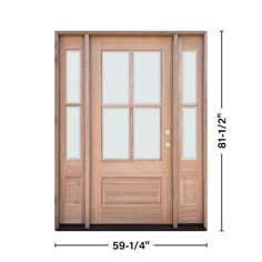 the measurements for a wooden door with glass panels and sidelights on either side of it