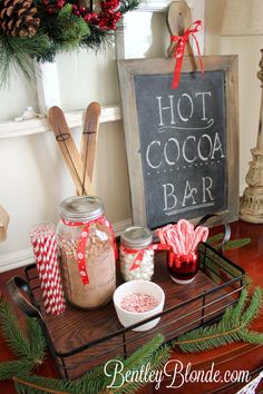 hot cocoa bar with candy canes and marshmallows