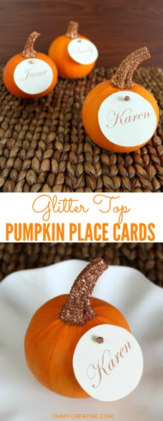 pumpkin place cards with glitter top on them