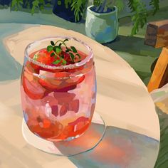 a painting of a jar filled with fruit on top of a table next to a potted plant