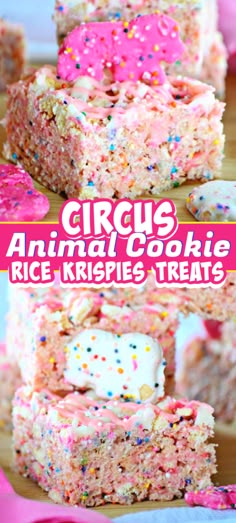 circus animal cookie rice krispies treats with sprinkles and pink frosting