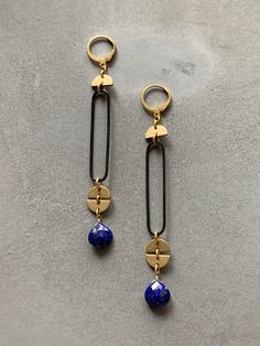 18k gold plated lever back earrings with black brass, tarnish resistant brass and lapis. 3.5” length. Earring Ideas, Textile Jewelry, Upcycled Jewelry, Black And Brass, Chain Jewelry, Brass Earrings, Chains Jewelry, Jewelry Ideas, Vintage Metal