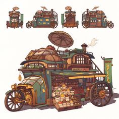 a drawing of an old fashioned food cart with umbrellas on top and other items around it