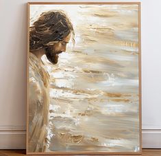 a painting of jesus standing in the water with his head down and hands on his chest