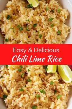 easy and delicious chilli lime rice in a white bowl with cilantro on the side