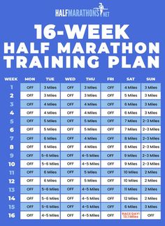 the 16 - week half marathon training plan is shown in blue and has white numbers on it