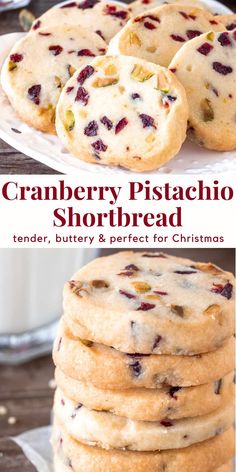 cranberry pistachio shortbread cookies are stacked on top of each other