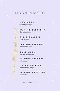 Moon phases by Aura Bottle First Quarter Moon Manifestation, First Quarter Moon Meaning, Third Quarter Moon Ritual, Waning Crescent, First Quarter Moon Magic, Waning Gibbous Moon Ritual, Third Quarter Moon, Waxing Gibbous Moon Ritual