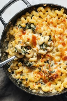 a skillet filled with macaroni and cheese