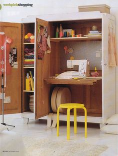 a room with a sewing machine in it and a yellow stool next to the door