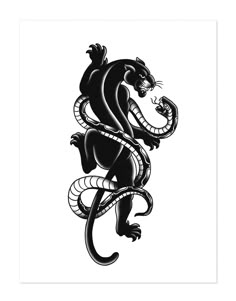 a black and white drawing of a tiger with its tail curled in the shape of a snake