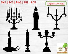 the silhouettes of candles and candle holders are shown in black on white wood background