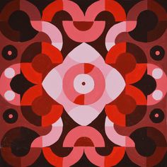 an abstract painting with red, white and black circles in the shape of a flower