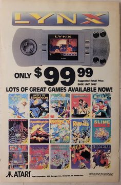 an advertisement for the new nintendo game system, lynx x only $ 999 99 lots of great games available now