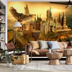 a living room filled with furniture and a large wall mural