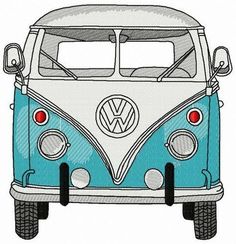 a blue and white vw bus is shown