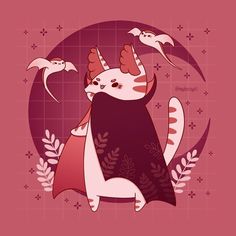 a cat wearing a cape with birds flying around it on a pink and purple background