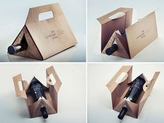 four different views of an open wine bottle in a cardboard box, with the top opened and bottom closed