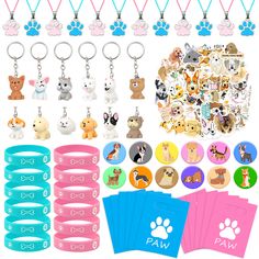 various dog key chains and magnets are shown in different colors, shapes and sizes