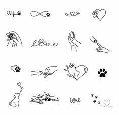 hand and paw tattoos on white paper with black ink, including one that has the word love